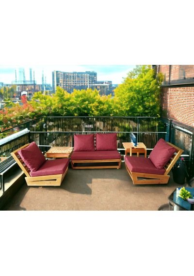 Nepal Bahçe Balkon Masif Kayın Ahşap Koltuk Takımı - 2+1+1 Bordo