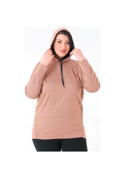 Lady Majestic Büyük Beden Kapüşonlu Sweatshirt Vizon