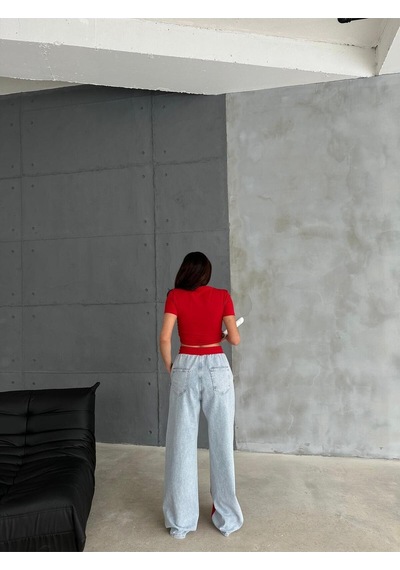 Arka Kısmı Kot Ön Kısmı Penye Detaylı Geniş Paça Pantolon Mavi-kırmızı