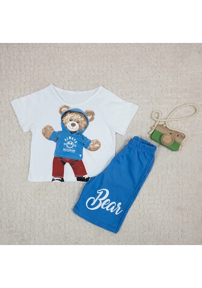 Momikon Erkek Çocuk Teddy Baskılı Pamuklu Takım Beyaz