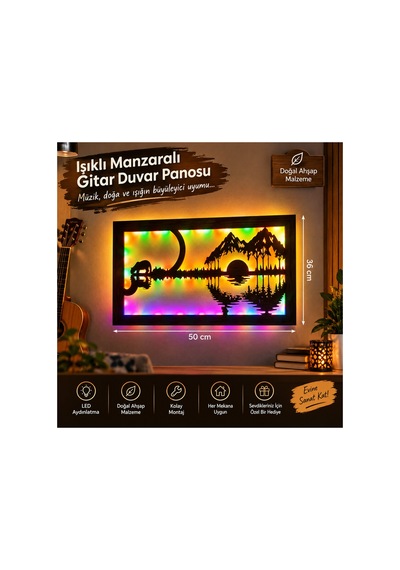Ahşap Işıklı Duvar Dekoru Gitar Manzaralı Silüeti Figürlü Tablo 50x36 Cm