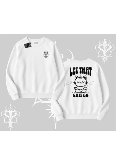 Startmore Meditasyon Yapan Kedi Baskılı Biskilet Sweatshirt Beyaz
