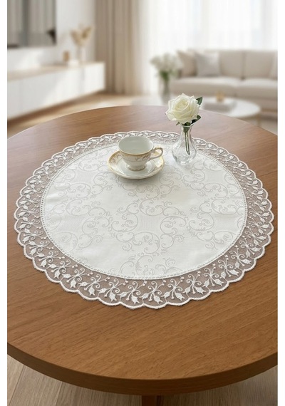 Lüks Dekoratif Yuvarlak Runner Güpür Kenarlı Jakarlı Desenli Orta Sehpa Örtüsü 60 Cm Çap Beyaz Kırık