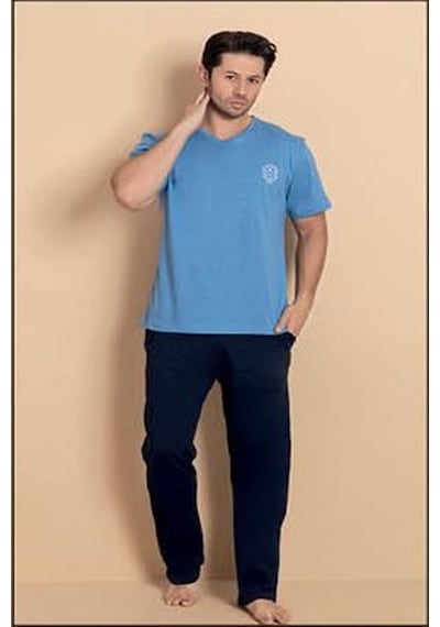 Pijamerry Erkek Bisiklet Yaka Kısa Kol Penye Pijama Takımı 6381 - 1 Adet Mavi