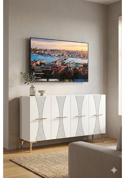 Ka1232bg Slim Konsol Ve Tv Sehpası Beyaz -gold 120cm Beyaz-gold