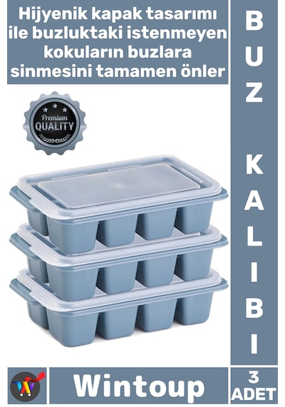 Buz Mutfak Hijyenik İstiflenebilir Pratik Buzluk Küp Şekilli Kapaklı Plastik 3'lü Mini Buz Kalıbı Diğer