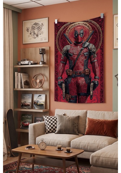 Deadpool Kahraman Duvar Örtüsü, Gamer Oda Dekoru, Çizgi Roman Temalı Kumaş Duvar Halısı Beyaz