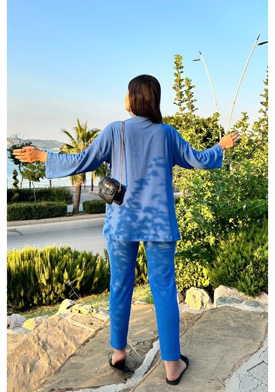 Saks Renk Cep Detaylı Dar Paça Kimono Takım Saks