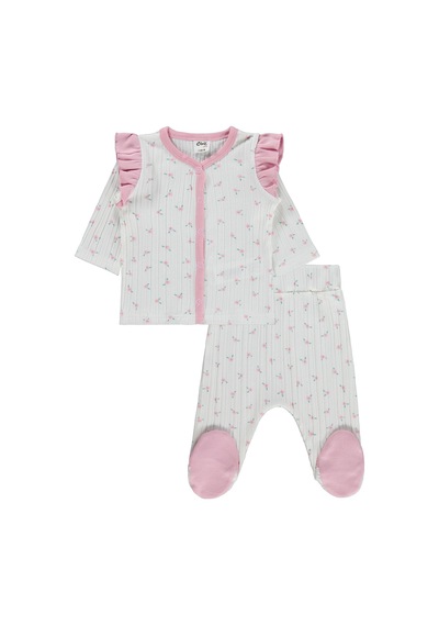 Civil Baby Çiçek Empirme Fırfırlı 1-9 Ay Pijama Takımı - Ekru