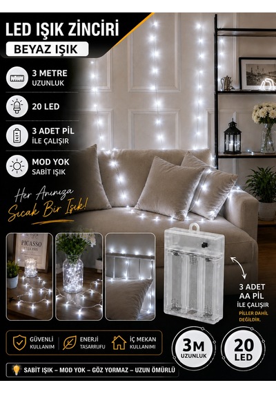 Kablolu Led Işık Zinciri Beyaz Dekoratif Led Aydınlatma Oda Duvar Yatak Odası Parti Yılbaşı Süsü 3 Metre 20 Led