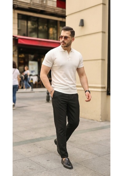 Veraura Lifestyle Erkek Düğmeli Yaka Pamuk Triko Tişört Beyaz