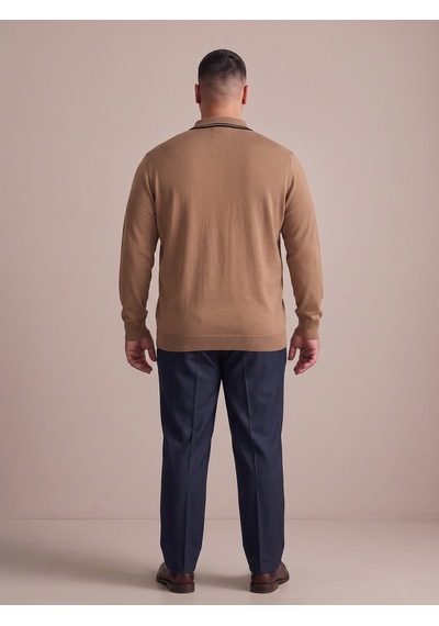 Maccali Erkek Camel Büyük Beden Gizli Fermuarlı Polo Yaka Triko Sweatshirt