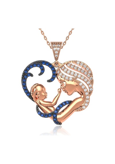 İndigo Takı Safir Taşlı Kalpli Anne Bebek Rose Gümüş Kolye