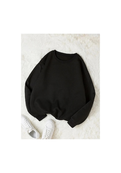 Swoord Bisiklet Yaka Unisex Oversize Sweatshirt 3 Iplik Şardonlu Pamuklu Baskısız Siyah