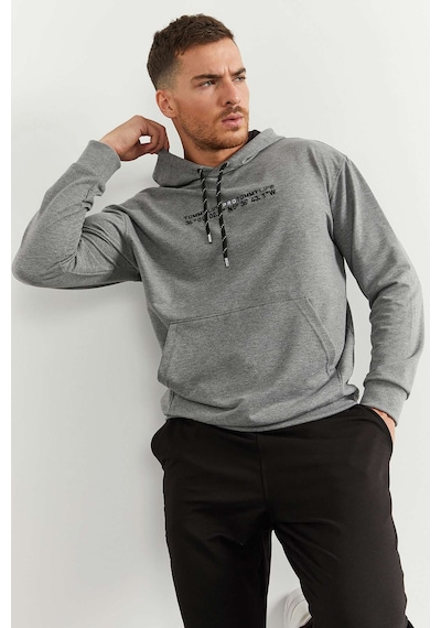 Tommy Life Gri Melanj - Siyah Kapüşonlu Kanguru Cep Lastik Paça Erkek Oversize Eşofman Takımı - 85117 Gri - Siyah