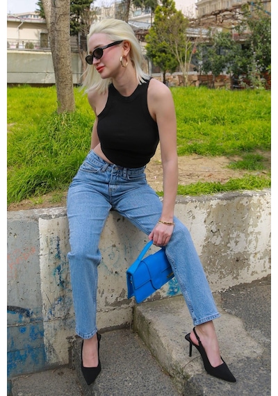Mavi Yüksek Bel Kadın Mom Fit Pantolon Mg2389