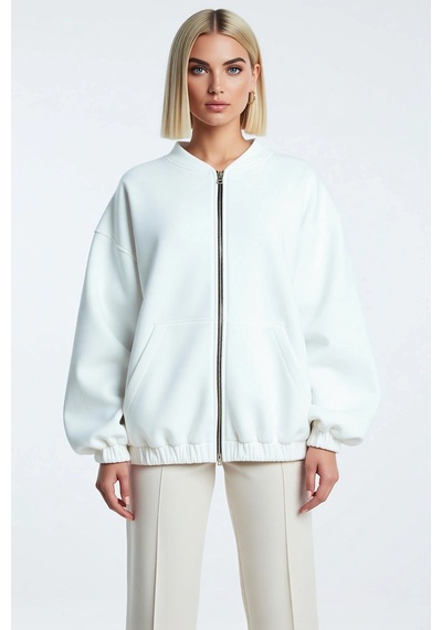 Benerly Kadın Bisiklet Yaka Düşük Kol Fermuarlı Oversize Kalın Örme Sweat Ekru