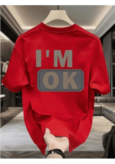 Unisex "ı'm Ok" Baskılı Oversize Pamuklu Tişört - Özel Tasarım Patch Detaylı Kirmizi