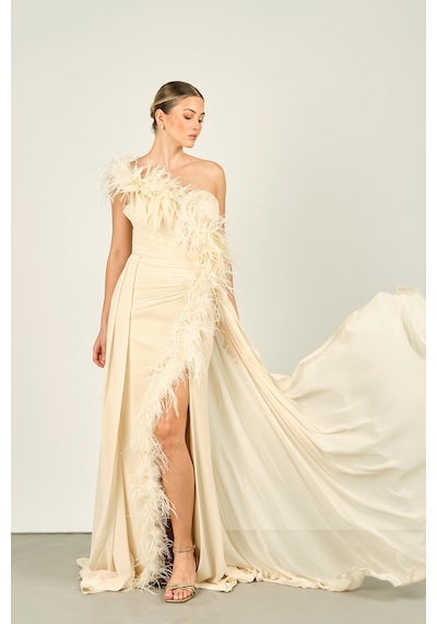 Ömür Inn Kadın Tek Omuz Derin Yırtmaçlı Şifon Abiye Elbise 4272 Şampanya