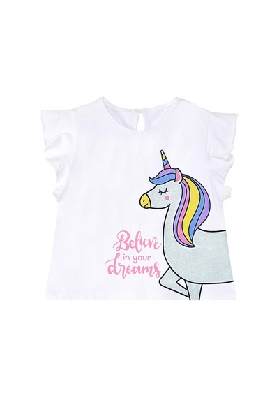 Puantiyeli Unicorn Kız Çocuk Yazlık T-Shirt Poplin Şort Takım