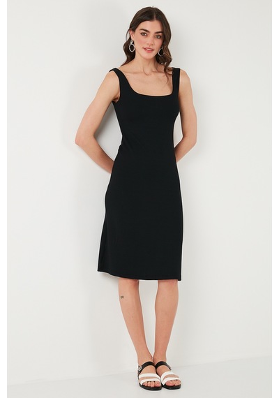 Lela Streç Slim Fit Kare Yaka Kalın Askılı Midi Boy Bayan Elbise 5866102 Siyah