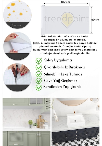 Trendpoint Kendinden Yapışkanlı Mermer Görünümlü 60cm 100cm Premium Zemin Duvar Kağıdı Dolap Kaplama