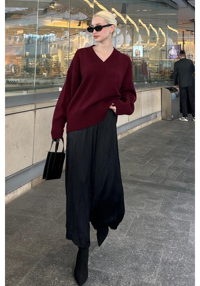 Madmext Koyu Bordo V Yaka Oversize Kadın Triko Kazak Mg2149 Koyu Bordo