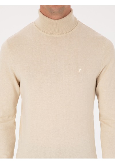 Cacharel Bej Slim Fit Pamuk Karışımlı Balıkçı Yaka Basic Triko Kazak
