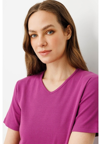 Kadın V Yaka Kaşkorse Pamuk T-shirt Sıklamen pembe