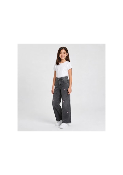 Rony Pony Kids Kız Çocuk Fiyonk Nakışlı Palazzo Kot Pantolon Yüksek Bel Geniş Paça Jean Gri