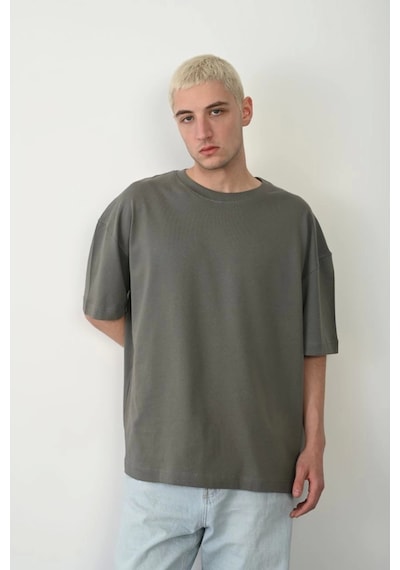 Unisex Basic Bisiklet Yaka Oversize T-shirt - Füme