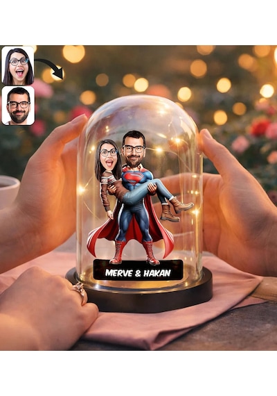 Bk Gift Kişiye Özel Süpermen Çift Tasarımlı Karikatür Led Işıklı Cam Fanus Biblo -1, Romantik Hediye, Ev Hediyesi, Sevgiliye Hediye Kobitmeyencom36855
