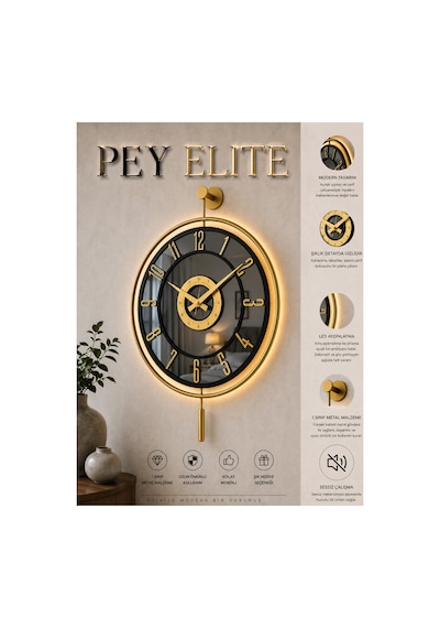 Pey Aksesuar Metal Aynalı Duvar Saati Işıklı Gerçek Cam Duvar Saati Modern Tasarım 40 X60 Cm Gold-füme-siyah