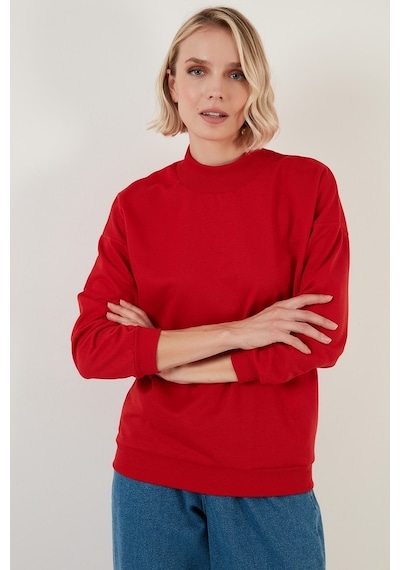 Lela Pamuklu Dik Yaka Basic Örme Bayan Sweat 5863323 Kırmızı