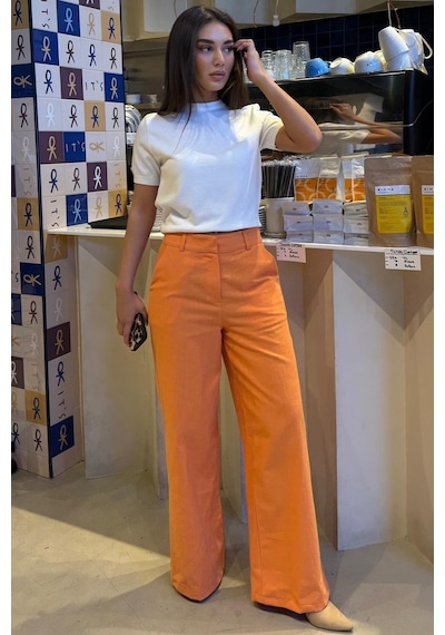 Madmext Turuncu Yüksek Bel Keten Wide Leg Pantolon Mg2718