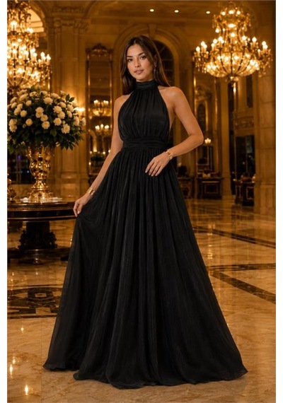 Neşeli Butik Kadın Siyah Halter Yaka Janjan Kumaş Premium Abiye Elbise Nbmy4128