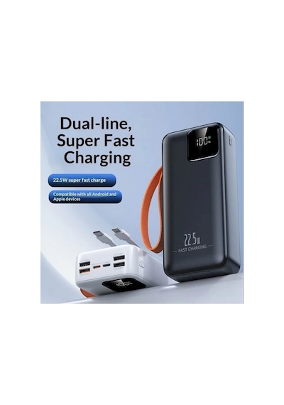 30000mah Powerbank 22.5w Hızlı Şarj Özellikli Type C Ve Lightning Kablolu Pd Taşınabilir Şarj Aleti Beyaz