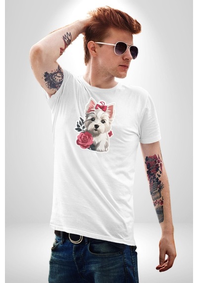 Beyaz Highland Teriyeri Kırmızı Gül Unisex Unisex Beyaz Organik Baskılı T-shirt Penye Yüksek Kalite Beyaz