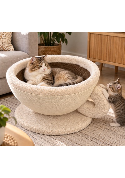 Pureza Kahve Fincanı Tasarımlı Kedi Yatağı & Sisal Tırmalama Yüzeyli Dekoratif Peluş Kedi Evi