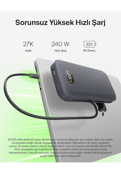 Belkin Bpb040hqch Ultracharge Pro 27.000mah 240w Dahili Usb-c Kablolu Dijital Göstergeli Laptop Powerbank - Antrasit Siyah