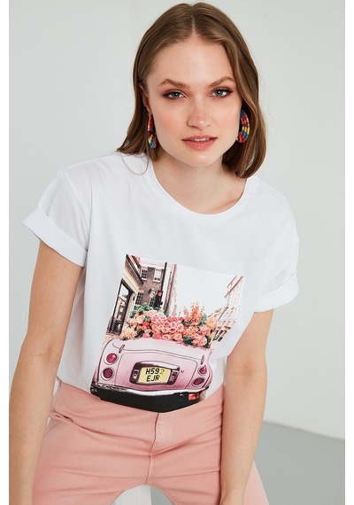 Unisex Örme Oversize Pink Woswos Basklı Beyaz T-shirt. Beyaz
