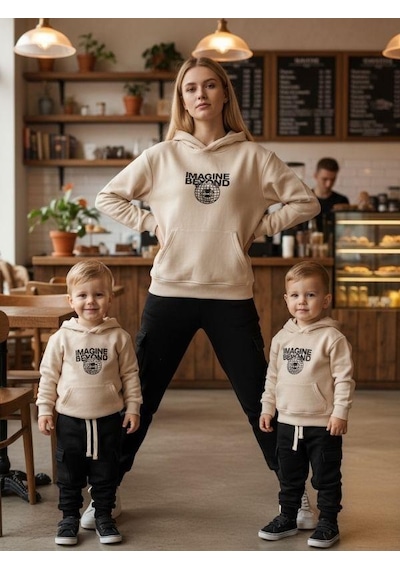 Zekids Erkek Çocuk Ayıcık Desenli Kapüşonlu Eşofman Takım-16350 Krem Siyah