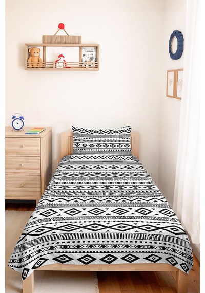 Siyah Geometrik Genç Odası Tek Kişilik Pike Takımı - Bohem Modern 160x220 Cm Kapitone Yatak Örtüsü Kremamsı İz Tonu