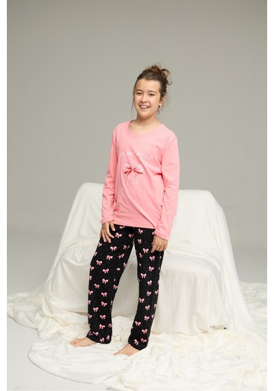 Siyah İnci Pamuklu Bisiklet Yaka Örme Pijama Takım25241132 Somon
