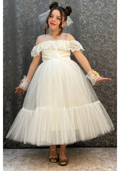 Riccotarz Kız Çocuk Toka ve Bileklerinde Gül Detaylı Beyaz Abiye 6-9 Yaş 2231901006 Beyaz
