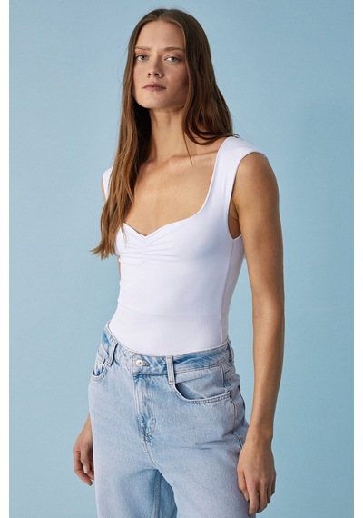 Grımelange SEGER Kadın Slim Havuz Yaka Çıtçıtlı Kısa İnce Beyaz Bluz
