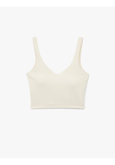 Koton Kolsuz V Yaka Kaplı Slim Fit Sporcu Sütyeni Ekru 7wak30018nk