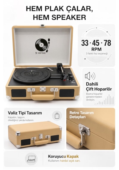 Kensa Bluetooth Lu Nostaljik Çantalı Pikap 33/45/78 Devir Dahili Bataryalı Plak Çalar Standart