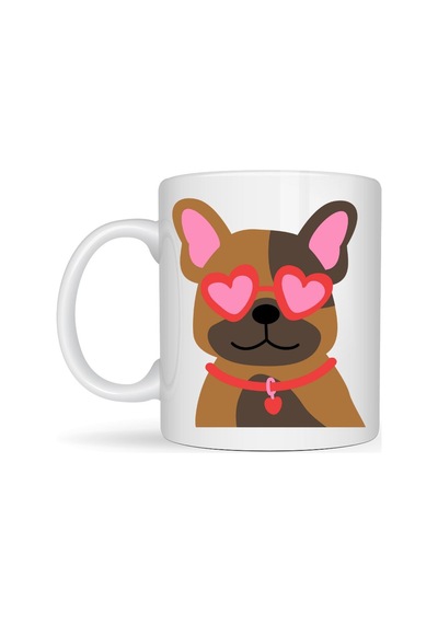 Sevimli French Bulldog Desenli Porselen Kupa Model 48 Kalpli Gözlüklü Köpek Tasarımı,  Kupa,
