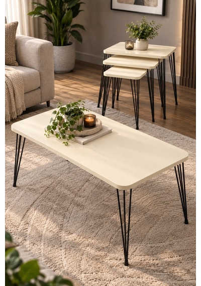 Sulorahome Siyah Tel Ayaklı Krem Rengi 4'lü Sehpa Seti